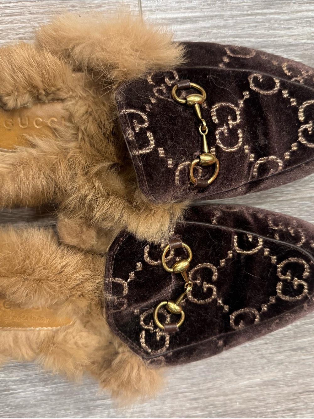 Gucci Dark Brown Velvet Fur-Trim Horsebit Mules